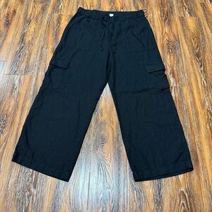 Gap Womens Black Linen Blend Wide Leg Cargo Pants Elastic Waist Size Large L